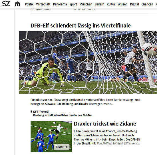 sueddeutsche.de: "DFB schlendert lässig ins Viertelfinale", "Draxler trickst wie Zidane"