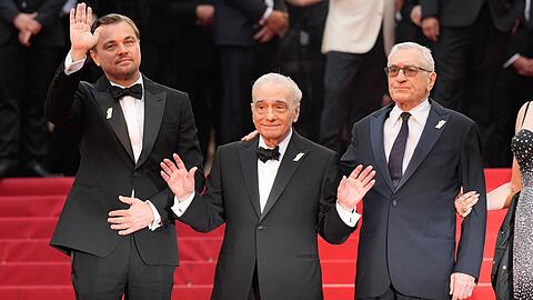 Hollywood-Geschichte auf einem Bild: Martin Scorsese flankiert von Leonardo DiCaprio (li.) und Robert De Niro.