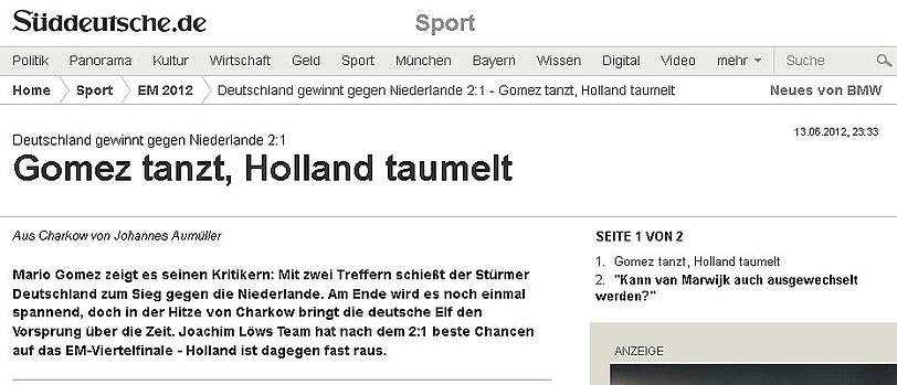 Internationale Pressestimmen Euro 2012: Gomez-Show - Pressestimmen zum Holland-Spiel - Bilder - Abendzeitung München