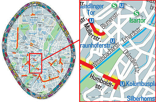Nervtötender Lärm: die rot markierten Gebiete sind besonders laut - und bewohnt. Links das Stadtgebiet im Überblick, rechts die jeweiligen Brennpunkte.