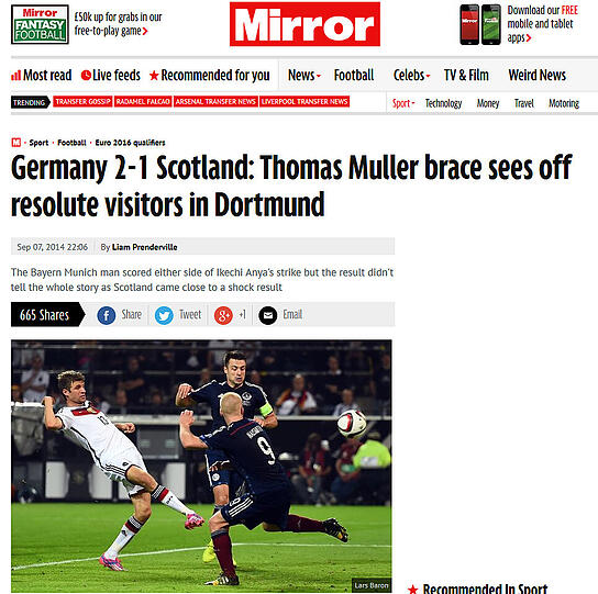 "Thomas Müllers Doppelpack bezwingt resolute Gäste in Dortmund", mirror.co.uk (Großbritannien)