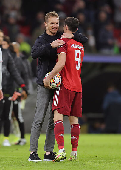 Coach und Torjäger: Nagelsmann (l.) und Lewandowski. Coach und Torjäger: Nagelsmann (l.) und Lewandowski.