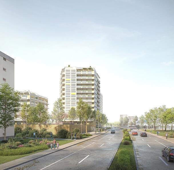Wohnen &uuml;ber einem Supermarkt: der Entwurf f&uuml;r zwei neue Wohnt&uuml;rme in der Parkstadt Solln an der Drygalski-Allee.