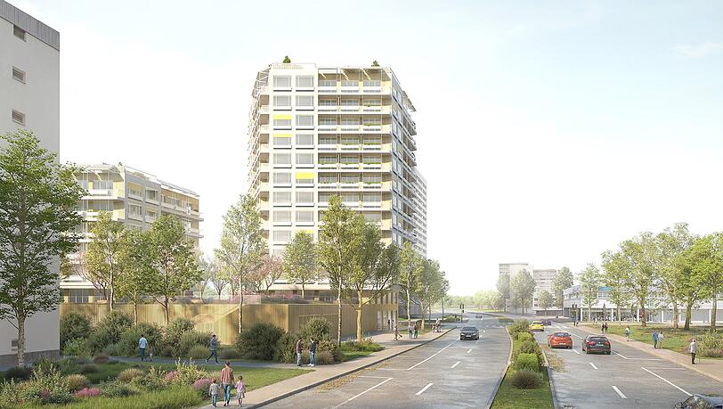 Wohnen über einem Supermarkt: der Entwurf für zwei neue Wohntürme in der Parkstadt Solln an der Drygalski-Allee. Wohnen über einem Supermarkt: der Entwurf für zwei neue Wohntürme in der Parkstadt Solln an der Drygalski-Allee.