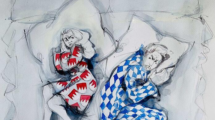 "In jeder Ehe gibt's mal Krach …" heißt das Aquarell von 2020. Meist leben fränkischer Rechen und altbayerische Rauten aber harmonisch zusammen. Foto: © Haus der Bayerischen Geschichte, Augsburg / Zeichnung: gina anders artworks, München