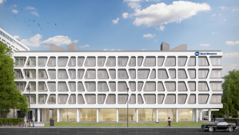 Neues Hotel mit moderner Zellen-Optik: Diagonale Linien sollen die Fassade des früheren Bürogebäudes aufwerten.