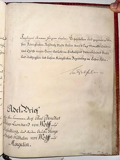 Der historische Adelsbrief, unterzeichnet von dem erst sechs Wochen zuvor auf den Thron gelangten K&ouml;nig Friedrich Wilhelm II. von Preu&szlig;en.