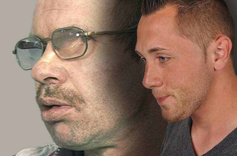 Im Hintergrund: Der getötete Rentner. Rechts: Da sist der gesuchte Verdächtige.