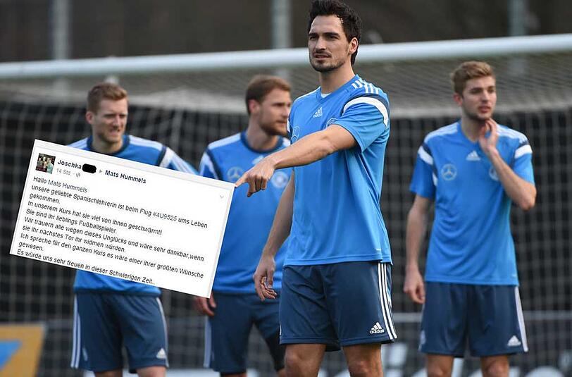 Mats Hummels (hier beim Training der Nationalmannschaft) will sein nächstes Tor einer bei der Germanwings-Katastrophe getöteten Lehrein widmen.