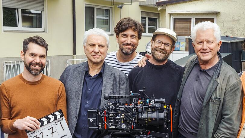 Von links: Korbinian Dufter (Produzent), Udo Wachtveitl (Rolle: Franz Leitmayr), Michael Schreitel (Kamera), Sven Bohse (Regisseur) und Miroslav Nemec (Rolle: Ivo Batic).