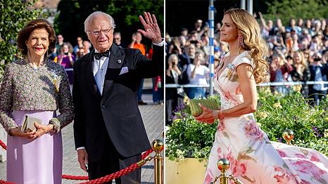 K&ouml;nigin Silvia und K&ouml;nig Carl XVI. Gustaf in glamour&ouml;sen Abendlooks und Prinzessin Madeleine (r.) in einer Robe aus dem Kleiderschrank ihrer Mutter.