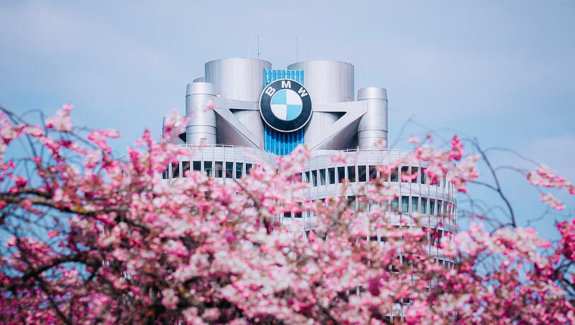 Hier thront der BMW-Turm &uuml;ber den Rosa Bl&uuml;ten.