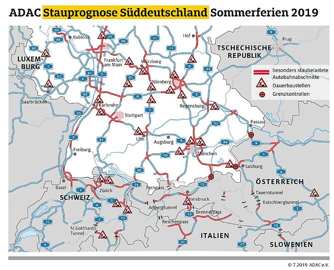 Auf den rot markierten Strecken drohen ab dem kommenden Wochenende besonders viele Staus.
