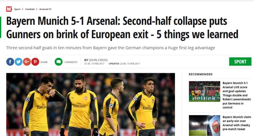 Der "Mirror": "Der Einbruch in der zweiten Halbzeit bringt die Gunners an den Rand des Champions-League-Aus."