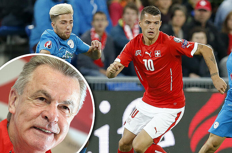 &bdquo;Granit Xhaka ist der Leader&ldquo;: Ottmar Hitzfeld über den Schweizer Nationalspieler, hier in der Quali gegen Slowenien mit Kampl (l.) und Birsa.