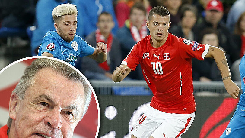 „Granit Xhaka ist der Leader“: Ottmar Hitzfeld über den Schweizer Nationalspieler, hier in der Quali gegen Slowenien mit Kampl (l.) und Birsa. „Granit Xhaka ist der Leader“: Ottmar Hitzfeld über den Schweizer Nationalspieler, hier in der Quali gegen Slowenien mit Kampl (l.) und Birsa.