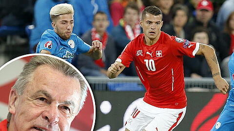&bdquo;Granit Xhaka ist der Leader&ldquo;: Ottmar Hitzfeld über den Schweizer Nationalspieler, hier in der Quali gegen Slowenien mit Kampl (l.) und Birsa.