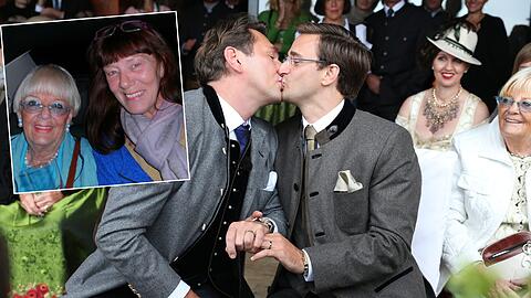 Die Hochzeit &ndash; im Kreise der Familie: Andreas Melcher (r.) und Michael Link in Aschau 2015. Rechts: Fanny, die Andreas gern als Mutter hätte.