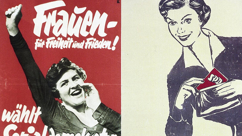 Links ein historisches Plakat-Motiv der SPD aus dem Jahr 1932. Rechts: Für Frauen war es bis 1908 strikt verboten, sich politisch zu engagieren.