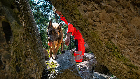 Eric Weiler von der Rettungshundestaffel der Freiwilligen Feuerwehr Hochbrück und sein sechs Monate alter Hund Benji, ein Belgischer Schäferhund (Malinois), nehmen an einer Übung von verschiedenen Katastrophenschutzorganisationen auf einem ausgebauten Trümmergelände nördlich der bayerischen Landeshauptstadt teil.