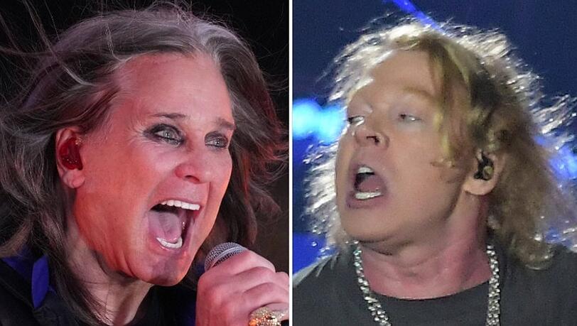 Ozzy Osbourne (l.) begrüßte bei seinem Abschiedskonzert seinen Kollegen Axl Rose hinter der Bühne. Die Männer schüttelten sich die Hände und posierten für Fotos.