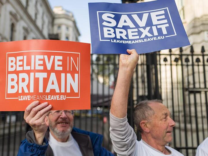 Brexit-Befürworter demonstrieren vor Downing Street 10, wo das britische Kabinett zum Brexit tagt.