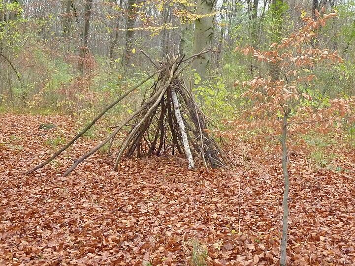 . . . vorbei an einer Hütte, die Kinder aus Ästen gebaut haben. Erinnert an Indianer.