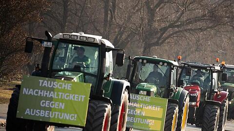 Landwirte fahren mit ihren Traktoren zu einer Großdemonstration fränkischer Bauern. Foto: Daniel Karmann/dpa/Archivbild