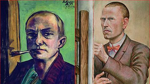 Max Beckmann (links), Selbstbildnis auf Grün mit grünem Hemd, 1938/39 und Otto Dix, Selbstbildnis mit Staffelei, 1926