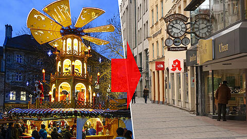 Links: die zwölf Meter hohe Schlemmerpyramide am Rindermarkt. Rechts: Platz genug für vorweihnachtliche After-Work-Besäufnisse? Nur 20 Meter breit ist die Fußgängerzone Sendlinger Straße.