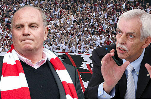 Uli Hoeneß (l.) hätte den TSV 1860 mit Präsident Dieter Schneider (r.) gerne bald aus der Allianz Arena draußen.