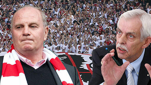 Uli Hoeneß (l.) hätte den TSV 1860 mit Präsident Dieter Schneider (r.) gerne bald aus der Allianz Arena draußen. Uli Hoeneß (l.) hätte den TSV 1860 mit Präsident Dieter Schneider (r.) gerne bald aus der Allianz Arena draußen.