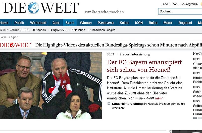 "Die Welt" zeigt Uli Hoeneß auf der Ehrentribüne - und spekuliert schon über die Zeit nach dem Prozess gegen den Bayern-Boss.