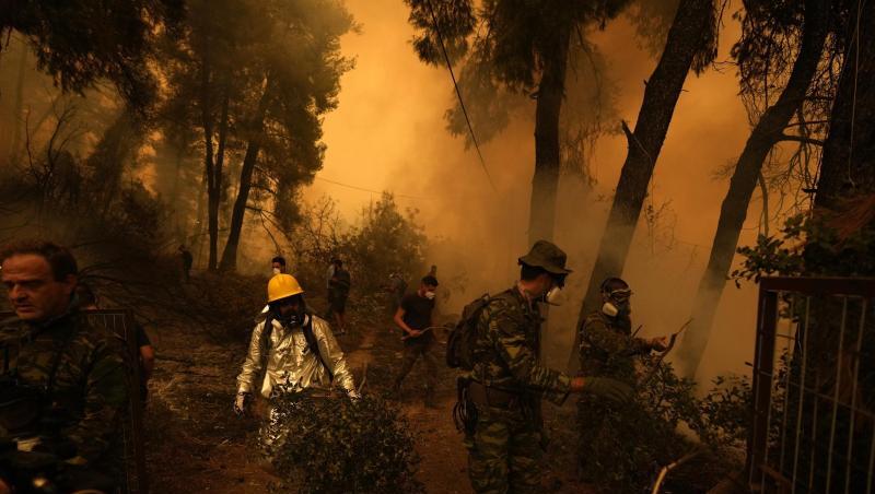 Helfer bekämpfen in der Nähe des Dorfes Pefki auf Euböa den Brand eines Waldstückes.