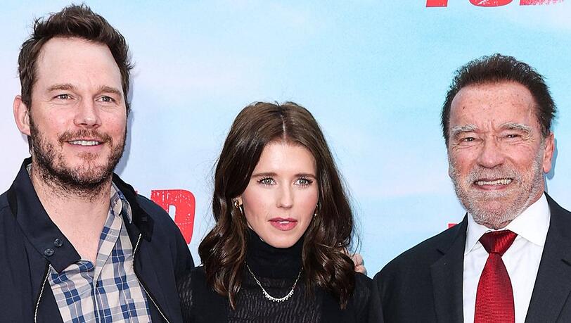 Enge Familienbande: Chris Pratt (l.), Katherine Schwarzenegger und Arnold Schwarzenegger,