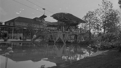 1953 können Besucher der DVA sogar in einer Seilbahn übers Ausstellungsgelände schweben.