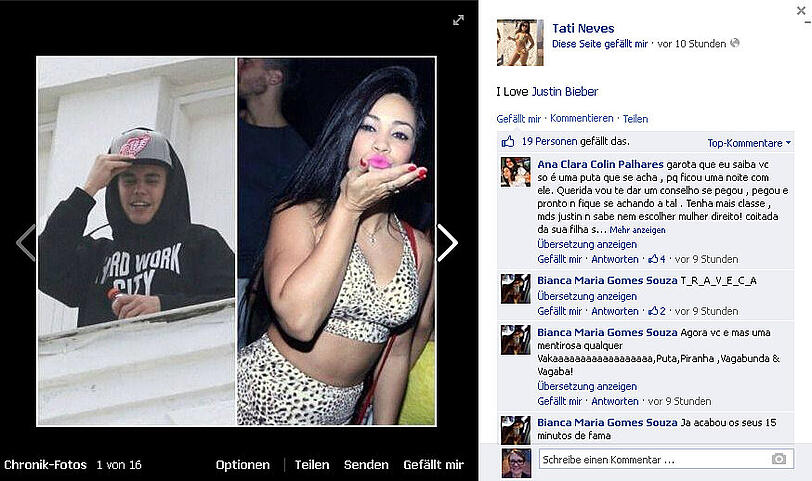 Der Post von Tati auf Facebook. "I Love Justin Bieber."