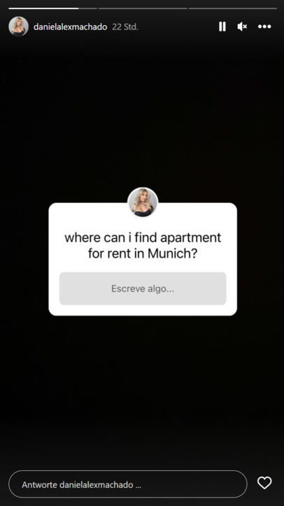 "Wo finde ich in München eine Mietwohnung?", fragt Daniela Machado bei Instagram. "Wo finde ich in München eine Mietwohnung?", fragt Daniela Machado bei Instagram.