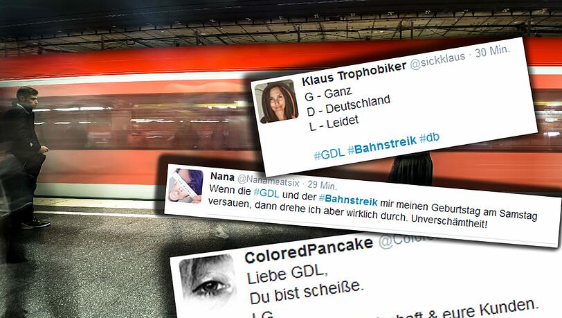 "GDL, Du bist scheiße": Auf Twitter entläd sich der Frust der User über den Bahnstreik. Die Kommentare... "GDL, Du bist scheiße": Auf Twitter entläd sich der Frust der User über den Bahnstreik. Die Kommentare...
