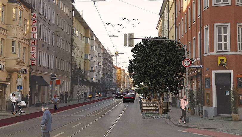Statt einem roten Radstreifen wünscht sich die CSU an der Seite der Fraunhoferstraße Schanigärten, Bäume und Parkplätze.