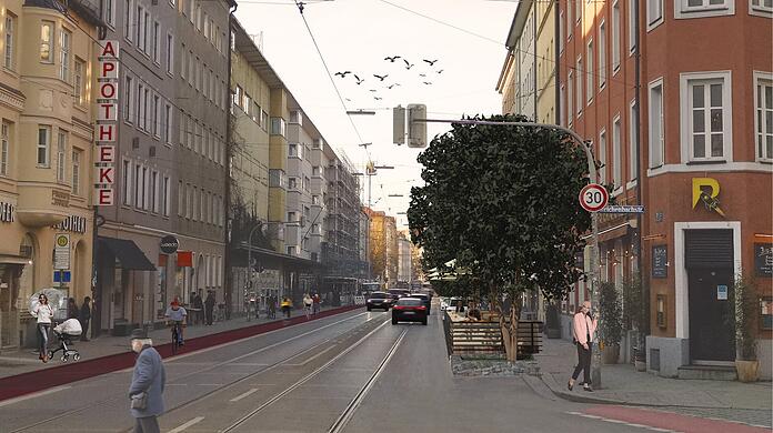 Statt einem roten Radstreifen wünscht sich die CSU an der Seite der Fraunhoferstraße Schanigärten, Bäume und Parkplätze.