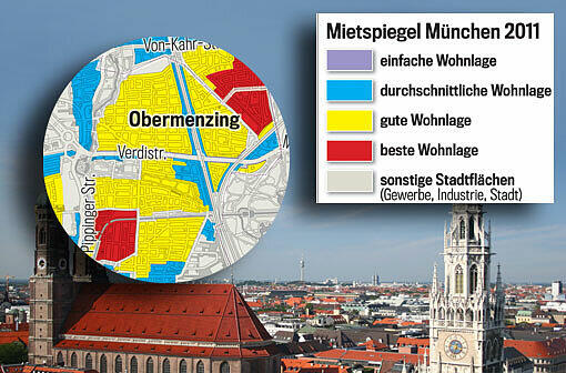 Die Lage macht&rsquo;s: Je nach farblicher Markierung fällt auch die Grundmiete unterschiedlich hoch aus. Der Mietspiegel gilt ab 20. März 2013. Wohnen Sie in bester Lage? Einfach weiterklicken!