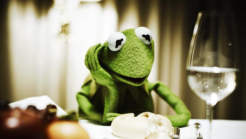 Ein Hingucker: Kermit 2012 am fein gedeckten Tisch in einem Berliner Luxushotel.