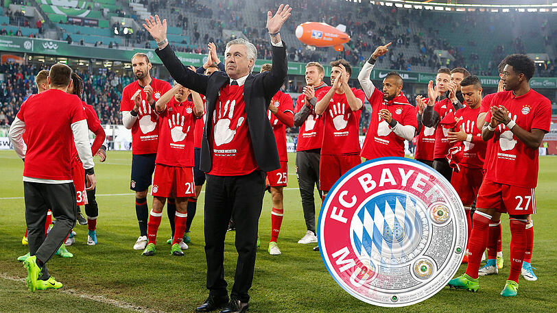 La Ola in Wolfsburg: Trainer Carlo Ancelotti (M.) und die Mannschaft feiern den Meistertitel. "Ich habe es genossen, fühle mich als Mitglied der Bayern-Familie", sagt er.