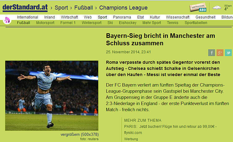 Der Standard (Österreich): "Bayern-Sieg bricht am Schluss in Manchester zusammen"