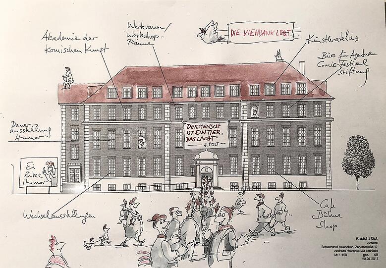 Frohe neue Welt: Der Humorist Peter Gaymann hat schon ganz konkrete Ideen für das &bdquo;Forum Humor und Komische Kunst&ldquo; in der Zenettistraße 17.
