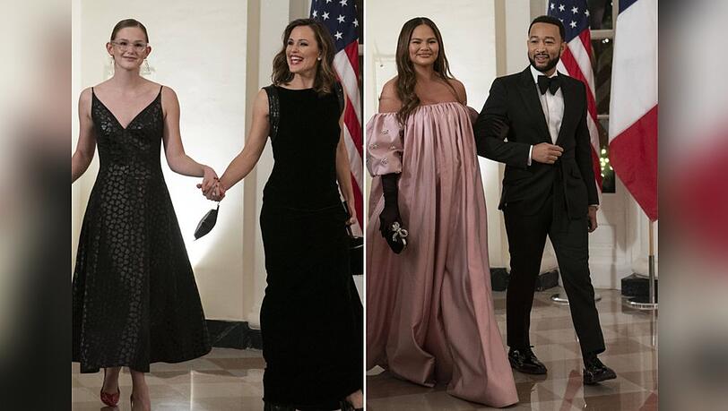 Violet Affleck mit Mutter Jennifer Garner und Chrissy Teigen mit Ehemann John Legend (v.l.n.r.) im Weißen Haus.