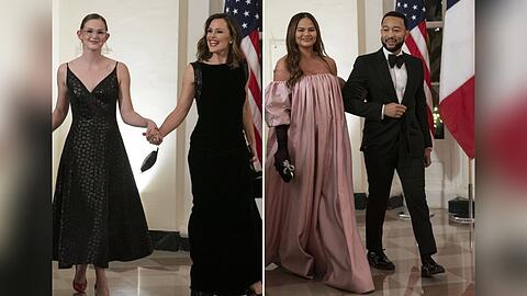 Violet Affleck mit Mutter Jennifer Garner und Chrissy Teigen mit Ehemann John Legend (v.l.n.r.) im Weißen Haus.