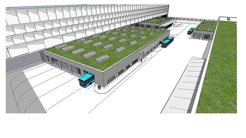 Unten Busbahnhof und darüber Büros: das Bauwerk Hybrid.M.