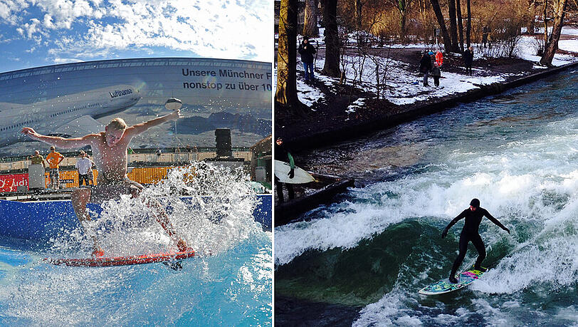 Die Welle am Münchner Flughafen war schon öfter Austragungsort für die Europameisterschaften im "Stationary Wave Riding". Der Surf-Klassiker ist aber weiterhin die Eisbachwelle (rechtes Bild). Die Welle am Münchner Flughafen war schon öfter Austragungsort für die Europameisterschaften im "Stationary Wave Riding". Der Surf-Klassiker ist aber weiterhin die Eisbachwelle (rechtes Bild).